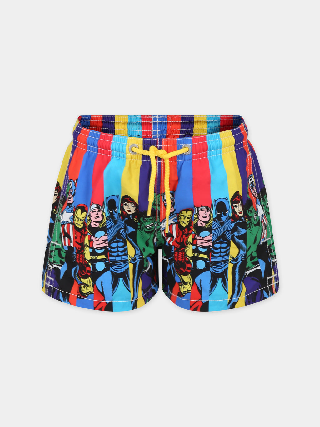 Multicolor swim shorts for boy with Marvel Superheroes print and logo